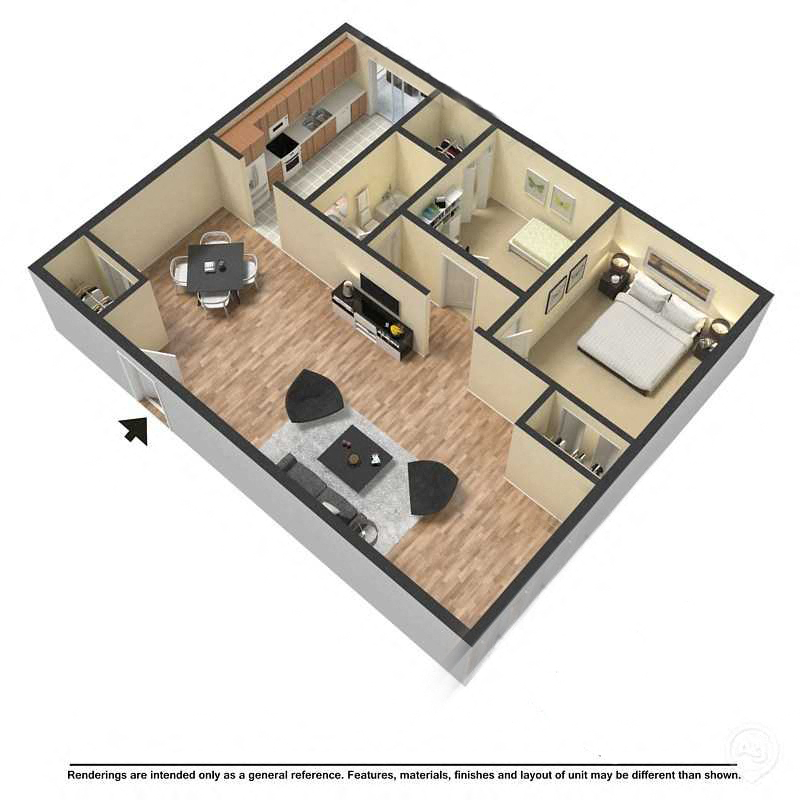 Floor plan for 2 beds, 1 bath, 825 sqft